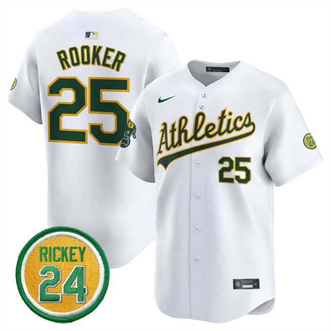 Men%27s Oakland Athletics #25 Brent Rooker White 2024 Home Limited With Rickey Henderson Patch Stitched Jersey Dzhi